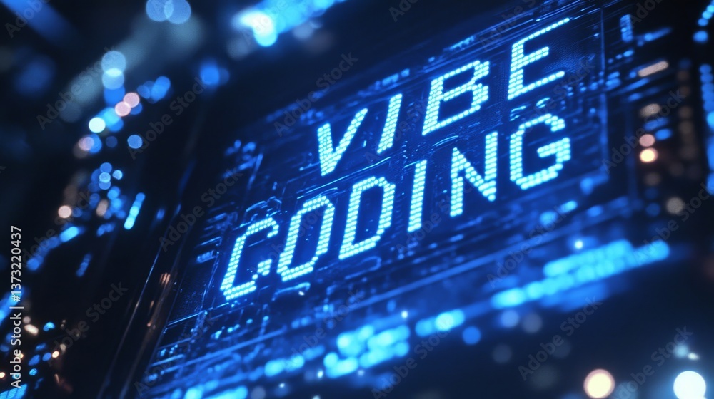 Poster blue vibe coding words on monitor screen. vibe coding concept. technology background