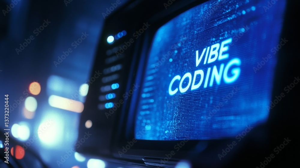 Poster Blue vibe coding words on monitor screen. Vibe coding concept. Technology background