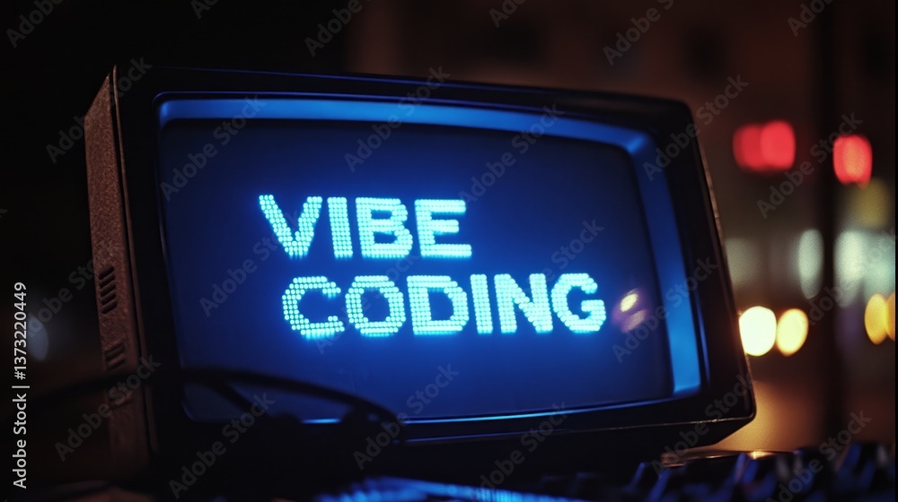 Poster Blue vibe coding words on monitor screen. Vibe coding concept. Technology background