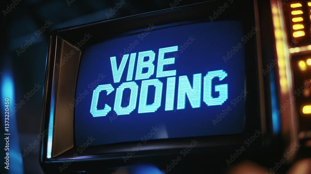 Poster blue vibe coding words on monitor screen. vibe coding concept. technology background