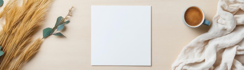 Blank paper sheet on beige wooden table Artist home office desk workspace with washed linen blanket