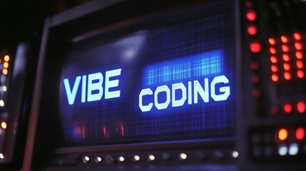 Blue vibe coding words on monitor screen. Vibe coding concept. Technology background