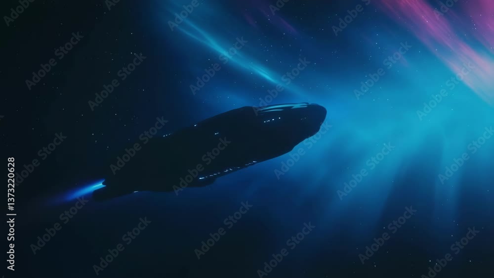 Poster glowing nebula clouds provide a backdrop for a futuristic spaceship navigating the cosmos, its engin