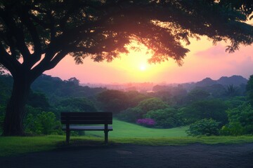 A tranquil park bench under a tree overlooks lush greenery during a golden sunset