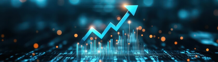 blue business arrow rising up with dots followed by line graph going up, trading profit, economic boom, business growth