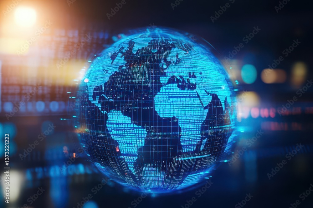 Aufkleber blue hologram globe with world map with glowing data streams