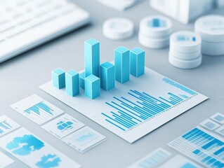 Blue graphs and charts Business reports on gray background, Ai generated image