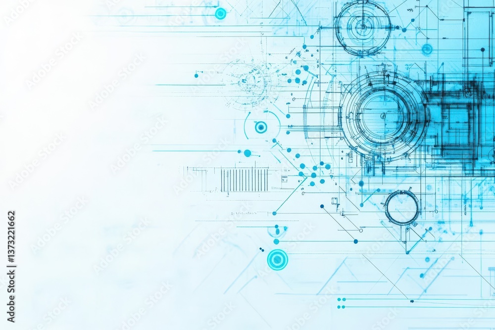 Poster blueprint style technical drawing of a complex machine
