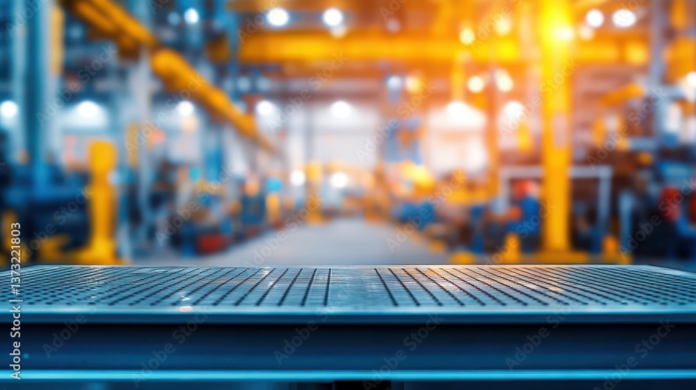 Poster blurred background of factory and empty metal tabletop in foreground business presentation