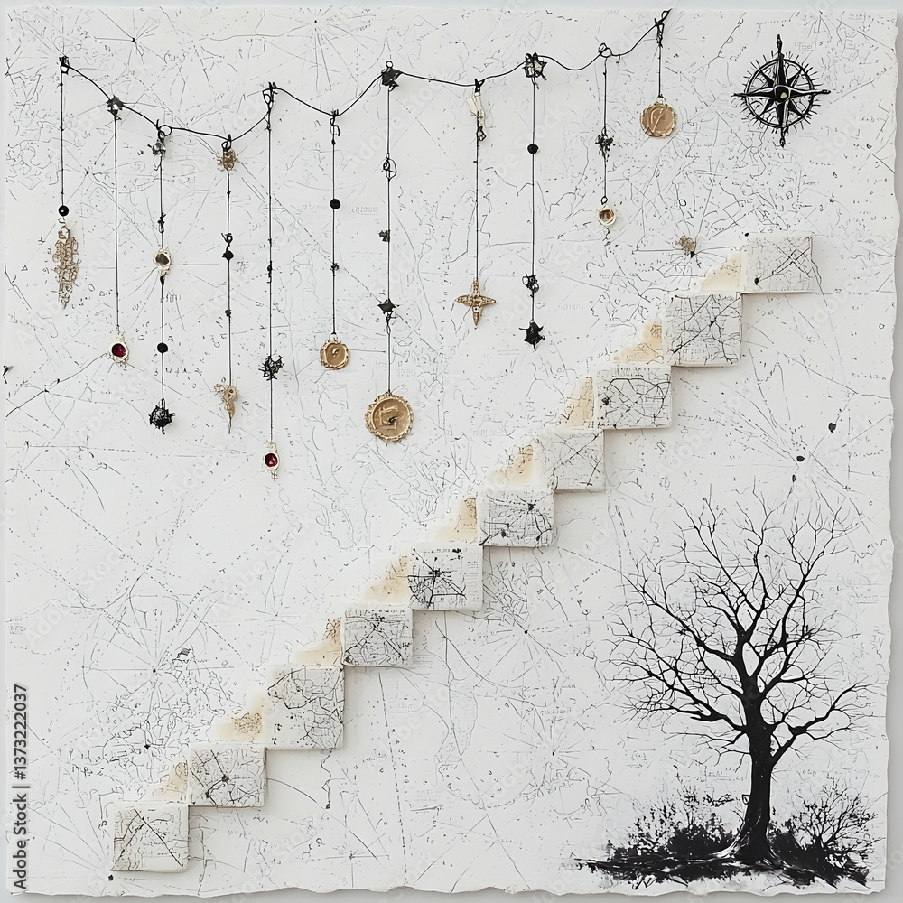 Poster abstract minimalist artwork with hanging objects and ascending stairs