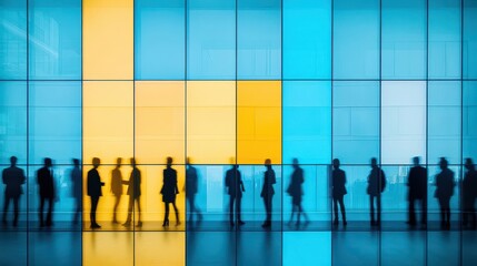Blurred silhouettes of office employees in a vibrant blue and yellow business building, ideal for corporate branding, presentations, and business events with copy space