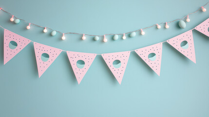 Fototapeta premium Minimal pastel bunting with egg shaped cutouts and string lights