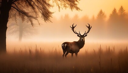 Majestic stag silhouetted against a misty sunrise, standing serenely in a golden autumnal field, framed by a tree&rsquo;s branches.
