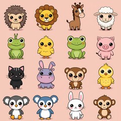 Obraz premium Adorable baby animals frolic in a delightful cartoon collection featuring soft pastel hues and charming expressions.