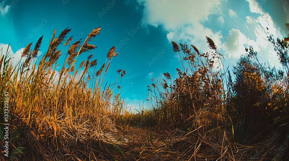 Poster expansive field of tall grass gently swaying in the breeze under a moody sky with shadows dancing ac