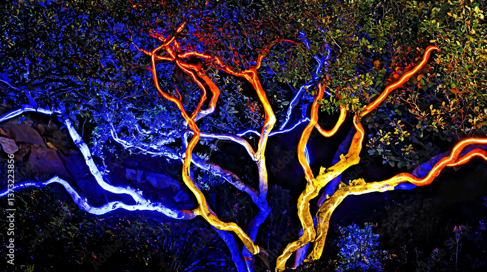 Poster unique tree with flames dancing within its branches captured in a neon glow from a high-angle perspe