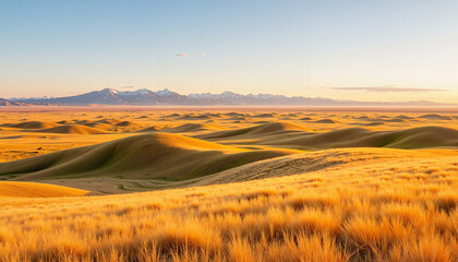 Obraz premium Golden rolling hills under a clear sky with distant mountains 