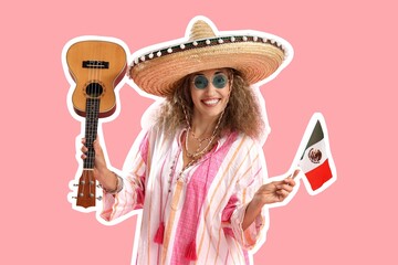 Mature woman in sombrero, with flag of Mexico and guitar on pink background