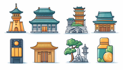 Asian architecture illustrations set