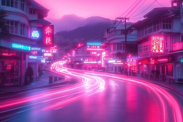 Obraz premium Neon lights illuminate a street with blurred car light trails at night under a purple sky