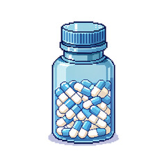 A pixelated 8-bit illustration of sleeping pill bottle, designed for RPG, transparent background