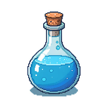 A pixelated 8-bit illustration of mana potion bottle filled with vibrant blue liquid, transparent background
