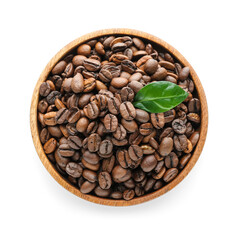 Bowl with coffee beans on white background