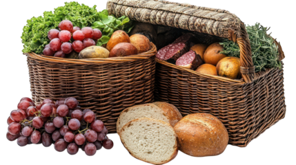 Picnic basket filled with essentials displayed on a clean white background