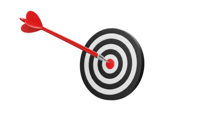 A triumphant red dart finds its mark, striking the bullseye of a classic black and white target, symbolizing perfect accuracy and unwavering determination.