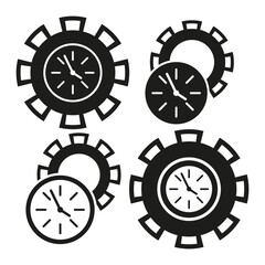 Gear clock icons. Mechanical time symbol. Industrial vector design. Bold wheel display.