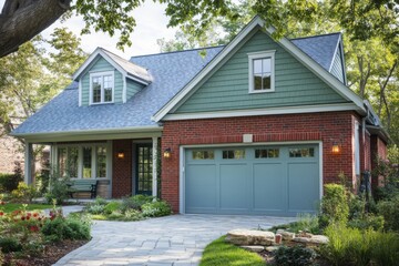 Charming suburban house with a well-maintained garden, featuring a brick facade and blue roof, situated on a peaceful street during a sunny afternoon in a residential neighborhood