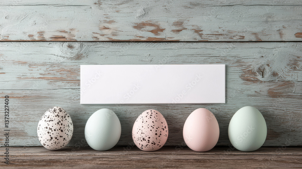 Poster pastel eggs in row with blank white rectangle for text display