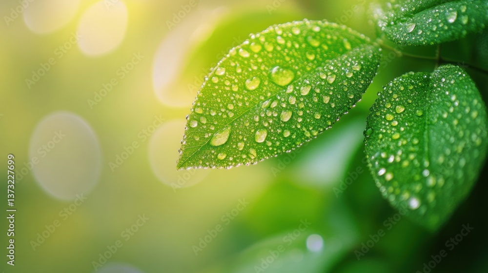 Aufkleber close-up of fresh green leaves adorned with dewdrops against a blurred natural backdrop in a minimal