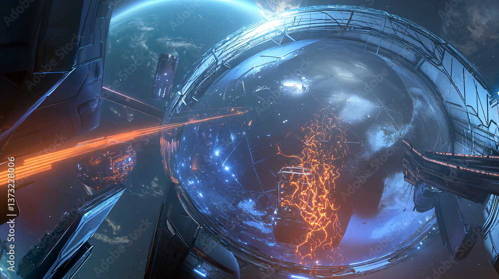 Poster sci-fi themed space station with impressive architecture and futuristic design elements set against 