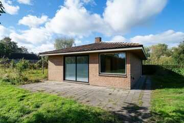 This contemporary brick house features generously sized windows, nestled in a tranquil outdoor environment under a radiant blue sky at midday