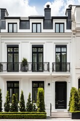 Naklejka premium Elegant modern townhouse with black trim and lush greenery in a serene urban setting, showcasing architectural beauty and outdoor aesthetics during daylight hours