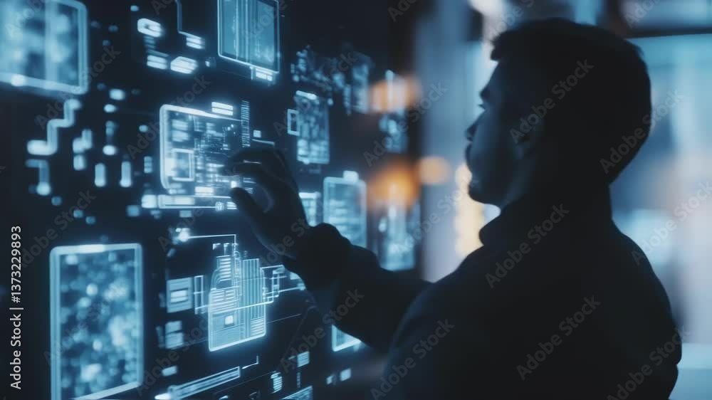 Poster scientific researcher manipulating data on a large, interactive touchscreen, navigating complex info