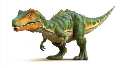 Fototapeta premium Photorealistic Green Dinosaur with Orange Highlights in Mid-Action Stance on White Background