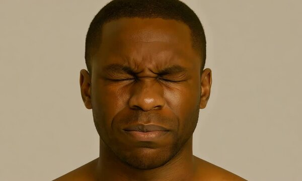 A middle-aged Black male is experiencing blepharospasm with tightly shut eyes.