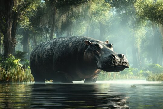 Moeritherium prehistoric mammal semi-aquatic Eocene hippo-like creature riverside forest