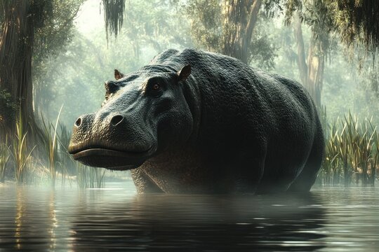 Prehistoric Hippopotamus-Like Creature in Lush Riversides with Soft Diffused Lighting and Highly Detailed Textures