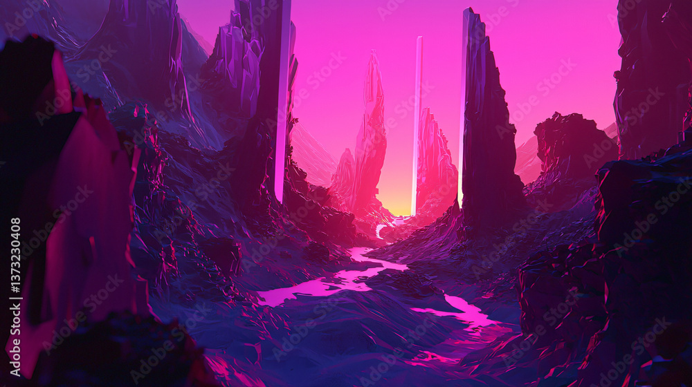 Poster dreamlike purple and pink landscape with bioengineered features creating a colorful and surreal sci-
