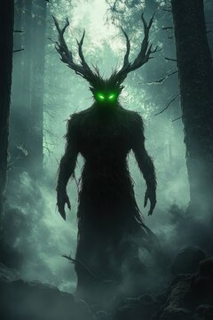 Leshy Forest Spirit Humanoid Creature with Antlers and Glowing Green Eyes in Dark Fantasy Art