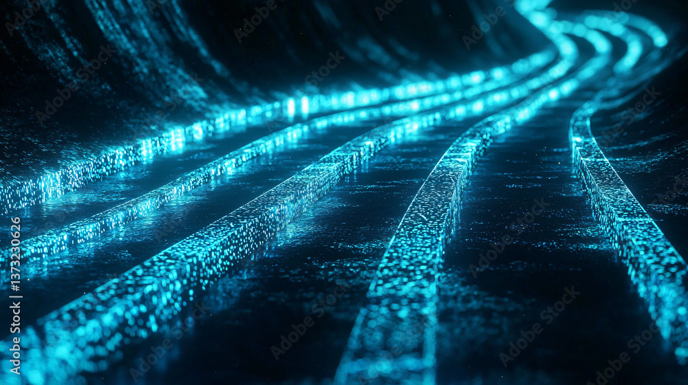 Poster enigmatic tunnel bathed in blue lights leading into the unknown in a bioluminescent sci-fi environme