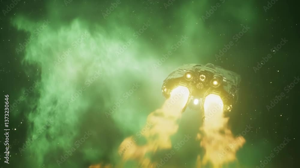 Poster futuristic spaceship gliding through verdant cosmic nebula, powerful boosters igniting and generatin