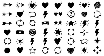 Obraz premium Artistic Icons: A collection of handcrafted, black and white icons, ranging from arrows and hearts to stars and lightning bolts, set against a clean background.