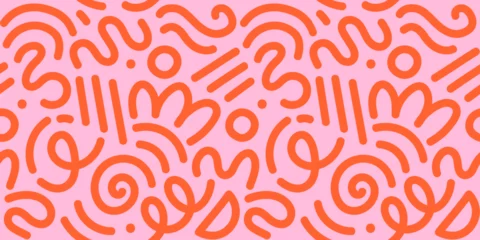 Memphis geometric seamless pattern. Multicolor abstract background in retro 80s, 90s style with various shapes: circles, dots, zigzags, spirals, wavy lines. Bright orange pink cute kid doodle design.  © Oleksandra