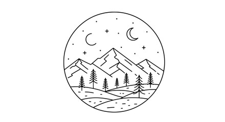 Mountainscape at Night: A minimalist, line-art illustration depicts a serene mountain range under a starry sky with crescent moons and silhouetted trees, inviting a sense of tranquility and adventure. © thegreenpixel