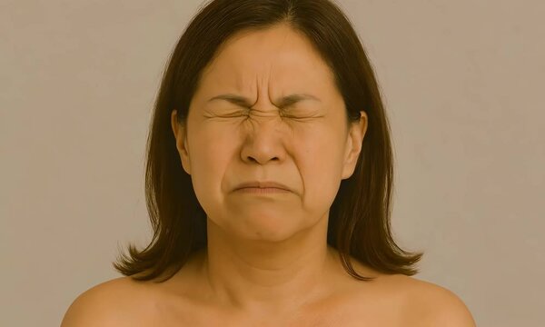 A middle-aged Asian female is exhibiting blepharospasm with tightly closed eyes, suggestive of focal dystonia.