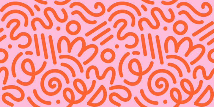 Memphis geometric seamless pattern. Multicolor abstract background in retro 80s, 90s style with various shapes: circles, dots, zigzags, spirals, wavy lines. Bright orange pink cute kid doodle design.	
